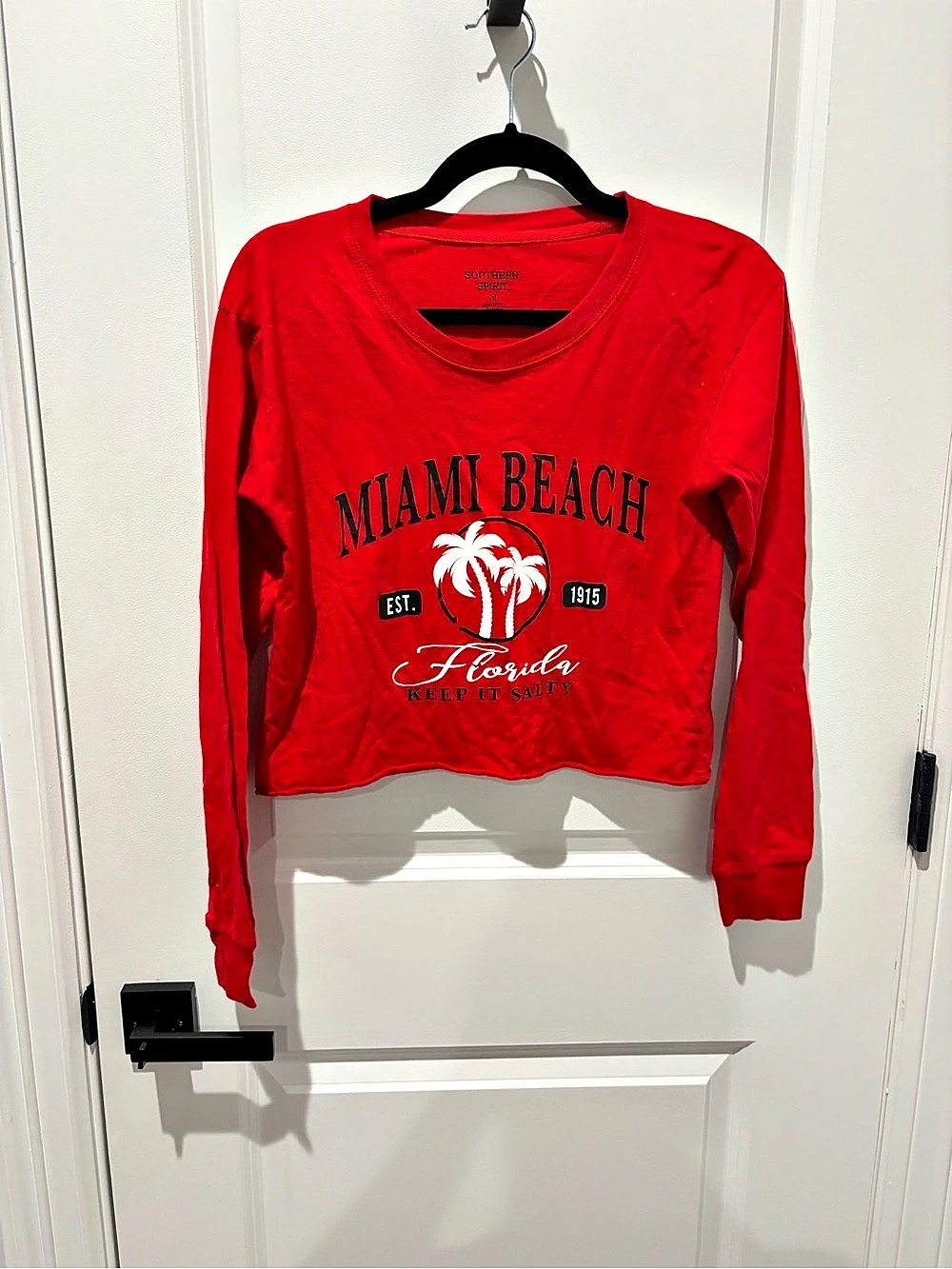 Southern Spirit Miami Beach Florida Long Sleeve Cropped T-Shirt Red Medium